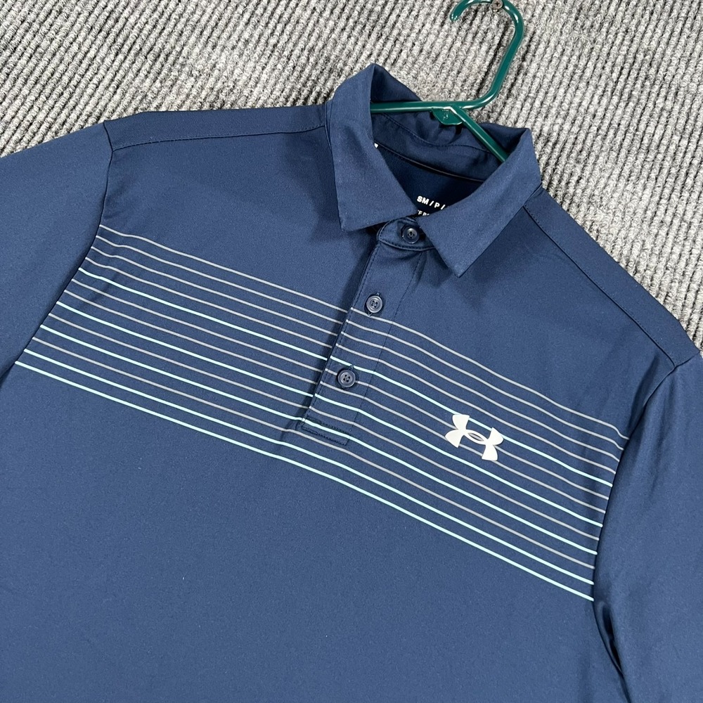 Under Armour Playoff Polo Shirt Mens Small Blue Striped Short Sleeve Loose Fit